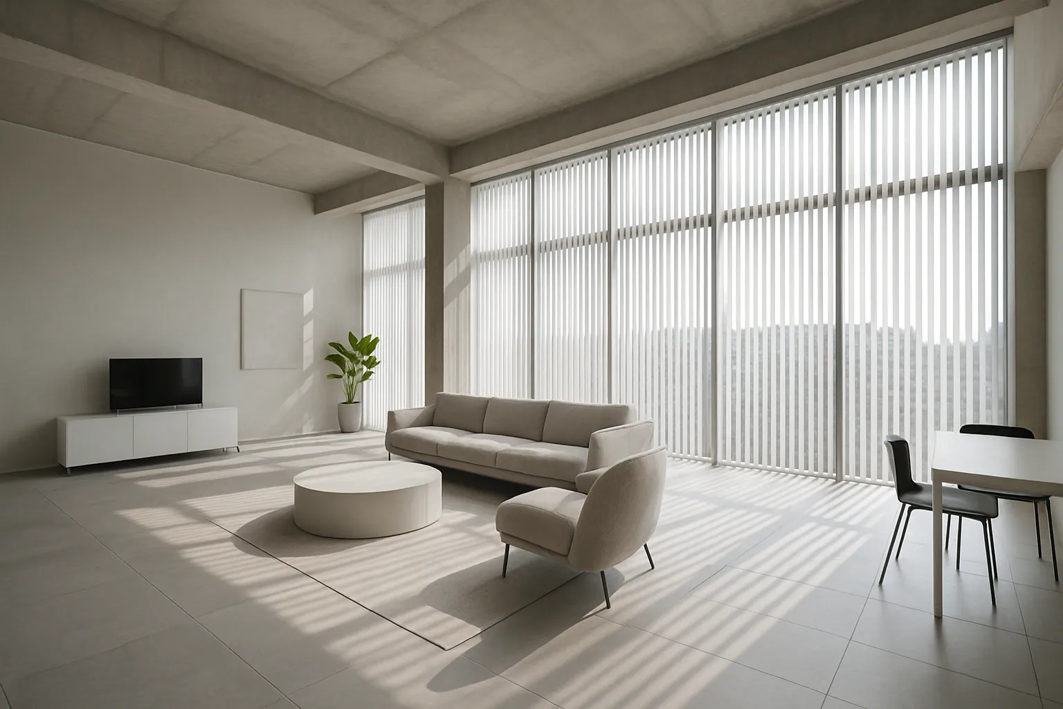 Modernes Loft mit riesigen Fensterfronten und grauen Lamellenvorhängen